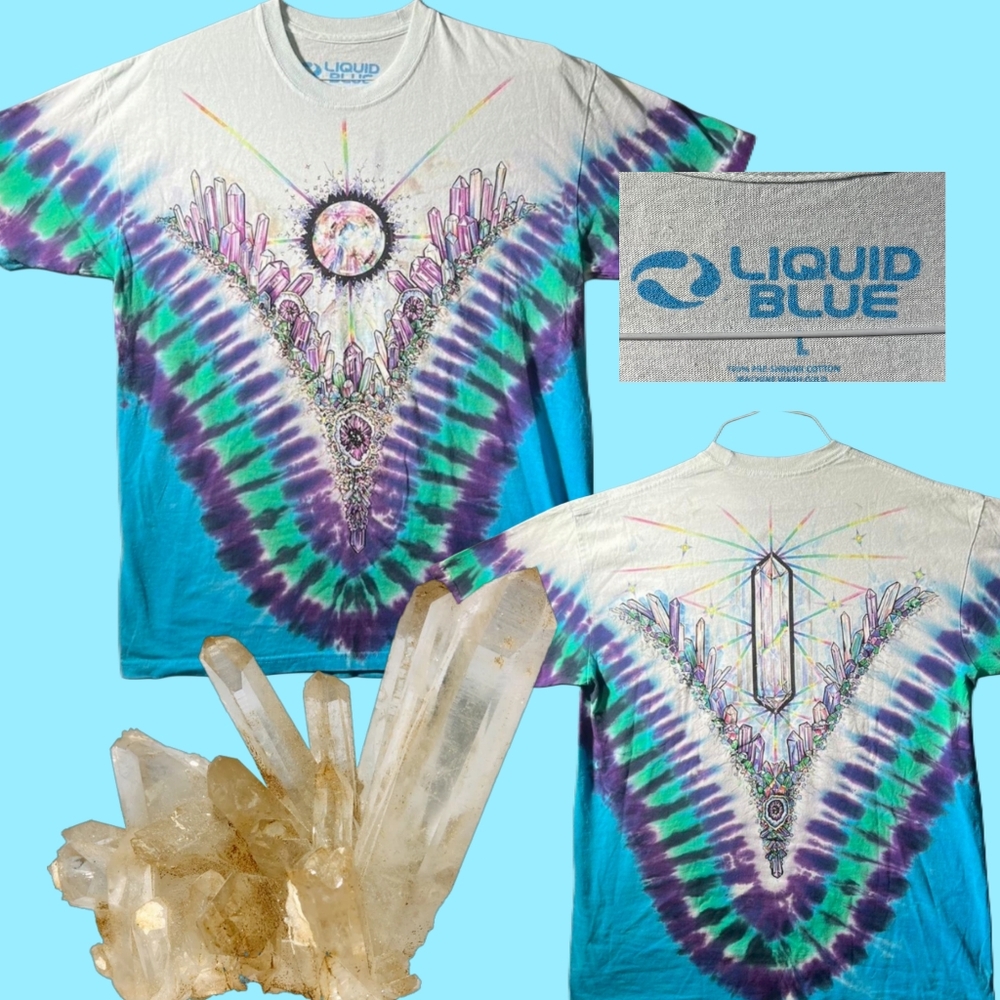 Liquid Blue Grail! Spirtual Healing Crystals Dbl Sided Graphic Tye Dye Tee